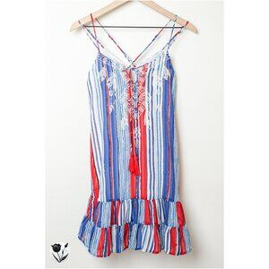 Women's NWT FLYING TOMATO Mini Dress S Striped Embroidered Red Blue White Boho